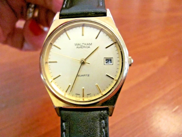 Vtg 'Waltham' America Men's Gold Metal Casing Gold Face Day Quartz Wristwatch Ex