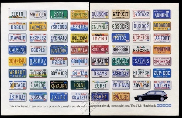 1991 All USA US state license plate pix Honda Civic hatchback vintage print ad