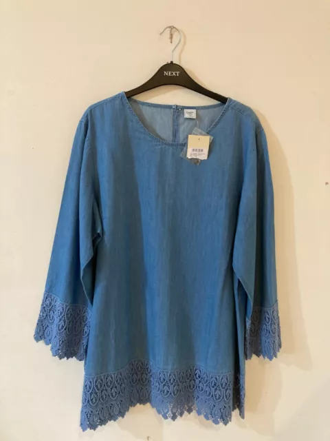 Cotton Traders Blue Denim Lace Hem 3/4 Sleeve Tunic Top, Size 18, BNWT