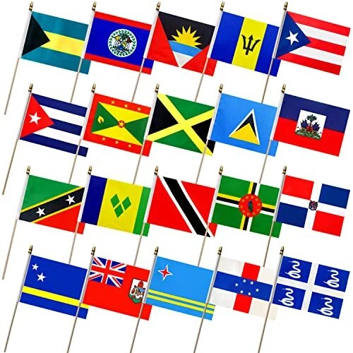 Caribbean 20 Countries Flags on Wood Stick Small Mini Hand Held Flag,5x8