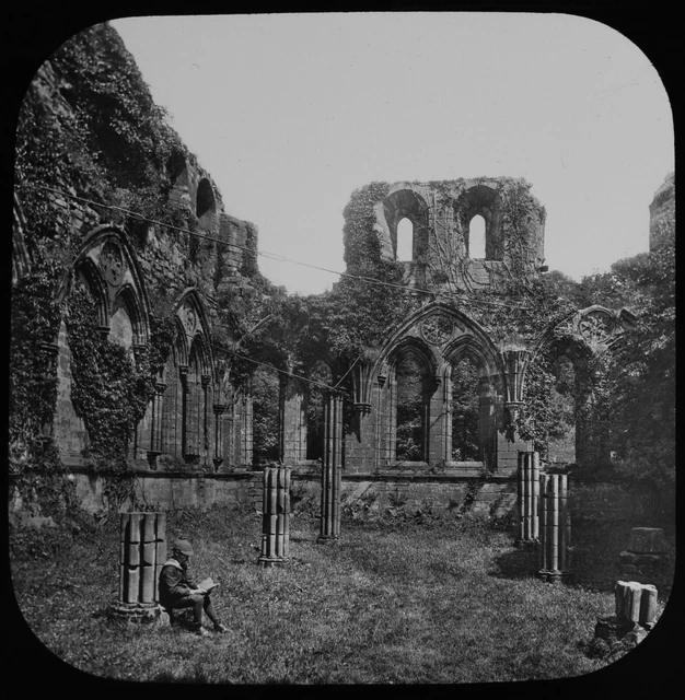 ANTIQUE GWW Magic Lantern Slide MAN READING IN FURNESS ABBEY C1890 OLD PHOTO