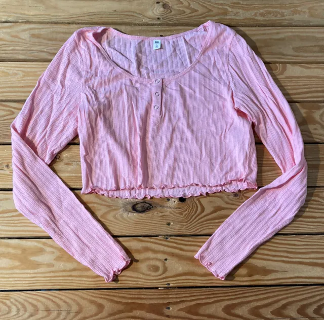 BP. NWOT women’s 1/4 Snap crop long sleeve shirt size L pink k7
