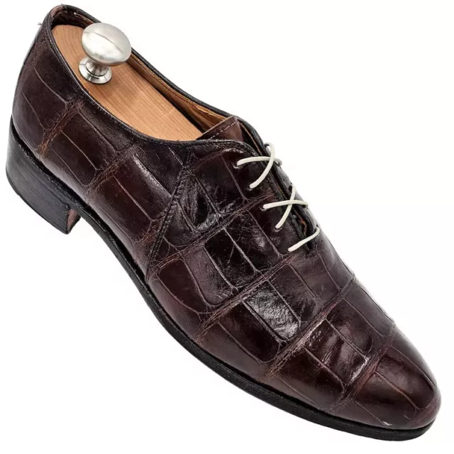 MEN HANDMADE BROWN Crocodile Pattern Leather Lace up Dress Shoes Formal ...