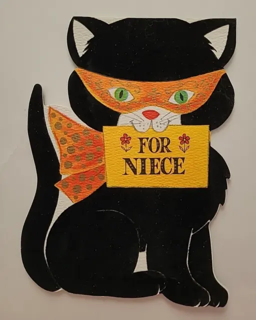 1965 Vtg HALLOWEEN Fuzzy BLACK CAT w MASK For Niece Hallmark Greeting CARD