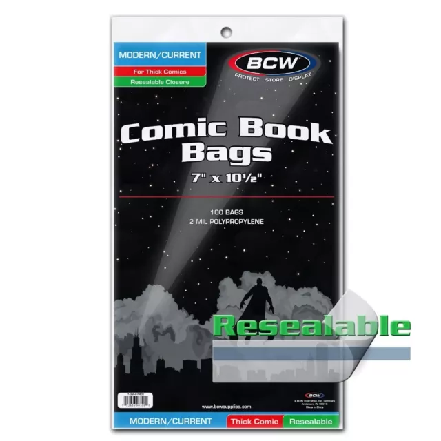 BCW Modern/Current Comic Book Bags (Resealable) 100 pack 7" x 10 1/2" Poly 2 MIL