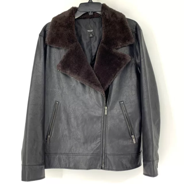 Simply Vera Wang Black Faux Leather Asym Zip Jacket Size XL Fur Bomber 3124 EUC