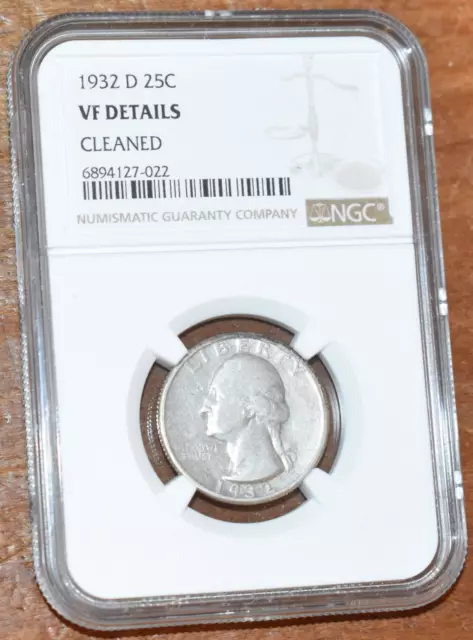 USA 1932D Washington Silver Quarter - NGC VF Details - Key Date Vintage 25c Coin