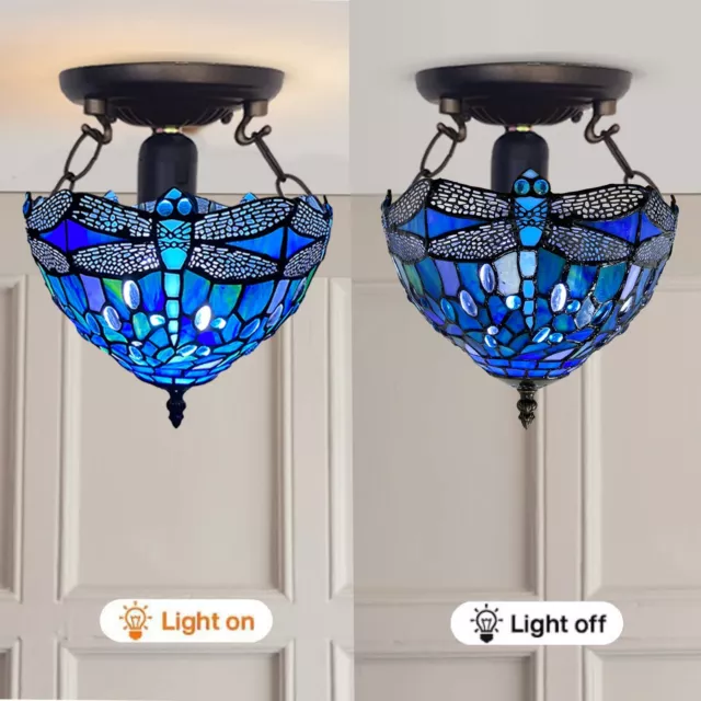 Tiffany Style 10inch Blue Ceiling Lamp Multicolor Dragonfly Shade Stained Glass