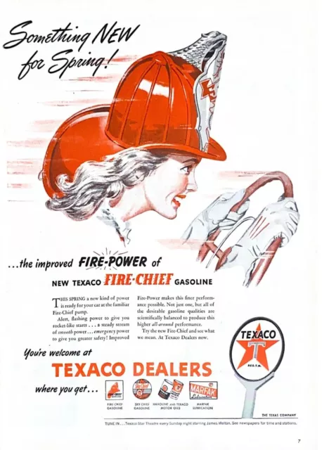1946 Texaco Gasoline Vintage Print Ad Fire Chief Something New For Spring
