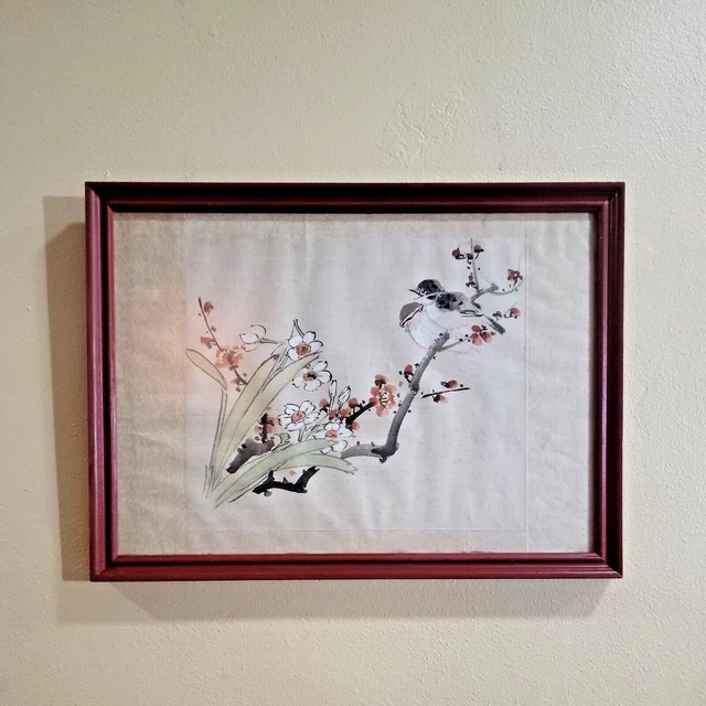 Vintage Asian Handpainted Birds on Flowering Branch Silk Painting Framed 13x17" Vintage Asian Handpainted Birds on Flowering Branch Silk Painting Framed 13x17"