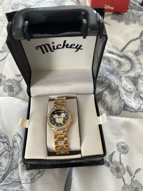 Rare Disney Mickey Mouse Watch Black Face With Swarovski Gems - New