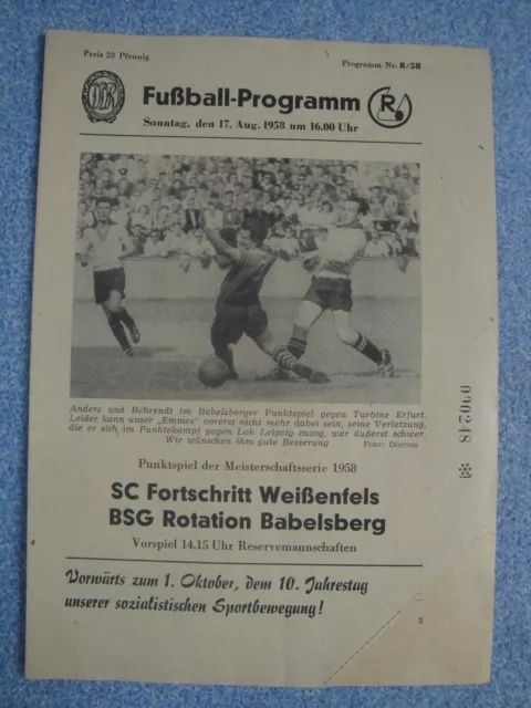 *RAR*Programmheft Rotation Babelsberg F.Weißenfels 1958 DDR Oberliga Potsdam