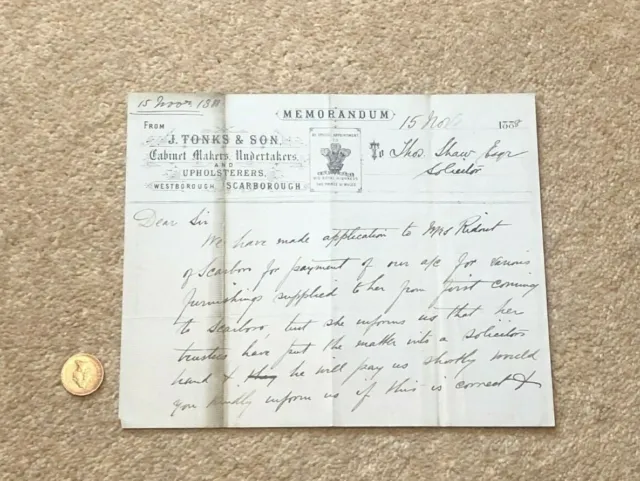 1888 Billhead Invoice from J. Tonks Scarborough Furnishings and Undertaker