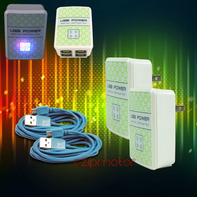 2X 4 Usb Ports Wall Adapter+10Ft Cable Power Charger Sync Aqua Galaxy Note Nexus