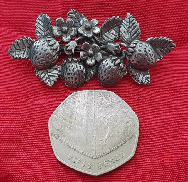 Vintage Signed 1988 Maureen Ann Storey MASJ Strawberry Plant Pewter Brooch Pin