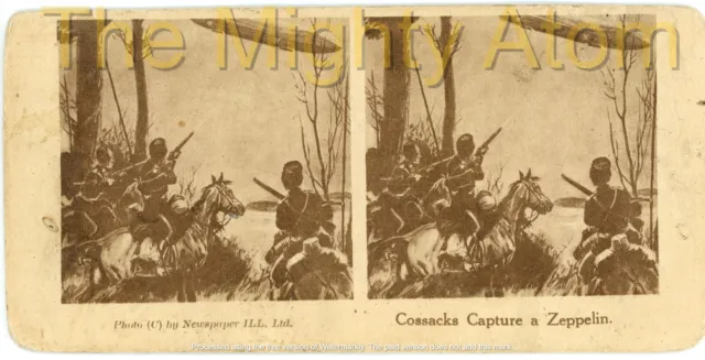 No 137 1914 STEREOSCOPE SLIDE CARD WW1 RUSSIAN COSSACKS CAPTURE ZEPPELIN