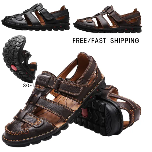 Genuine Leather Mens Sandals Casual Sports Summer Beach Shoes Soft Home Slippers
