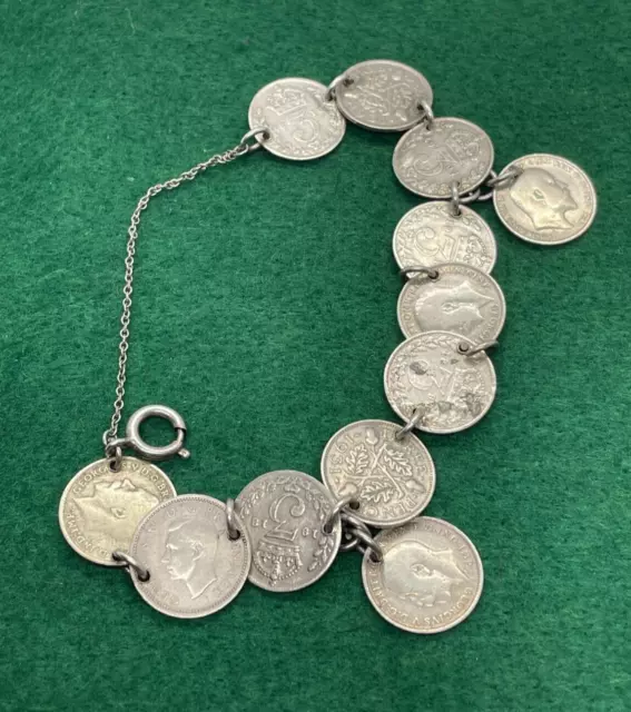 Silver Coin & Diamond Bracelet 19.1G Vintage 3 Three Pence Collectable Antique