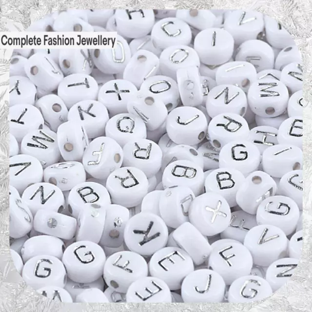 7Mm White/Silver Coloured Alphabet A-Z Flat Round Acrylic Beads-Jewellery Making