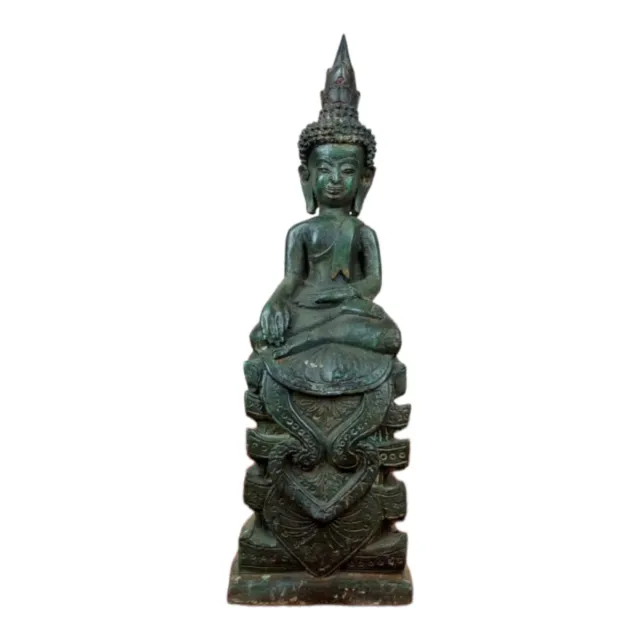 13.4" Thai Laos Chiang Rung Buddha Statue Carved Many Patterns on the sides
