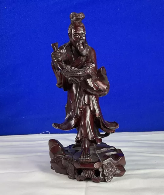 Vintage Hand Carved Wood Asian Wise Old Man Fisherman Statue Figurine 9”