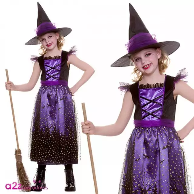 Kids Enchanting Witch Costume Dress &Hat Book Day Halloween Fancy Dress 3-10 Yrs