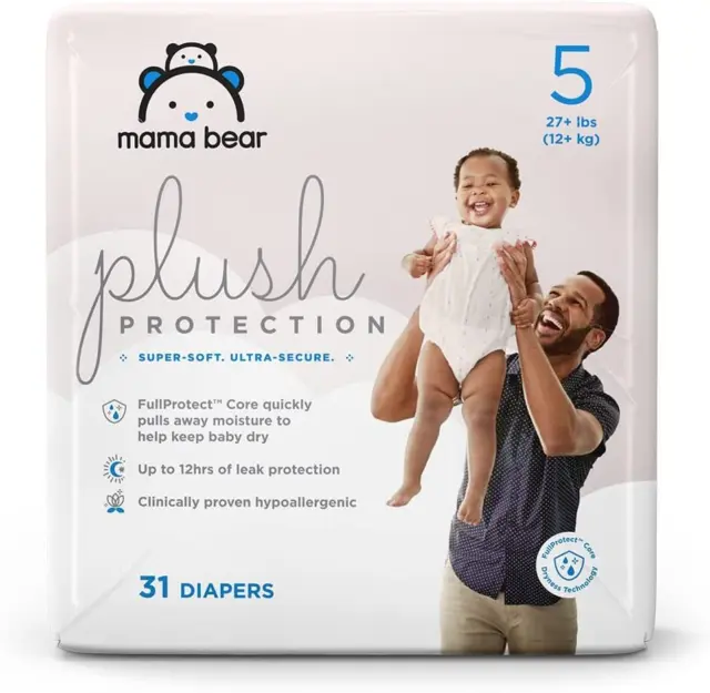 Amazon Brand - Mama Bear Plush Size 5 (31 Count), White and Cloud Dreams