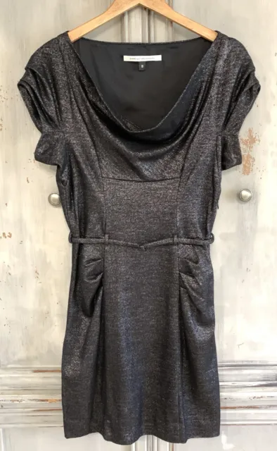 DVF Diane Von Furstenberg Black Glimmer Drape Neck Wool Blend Sheath Dress Sz 8