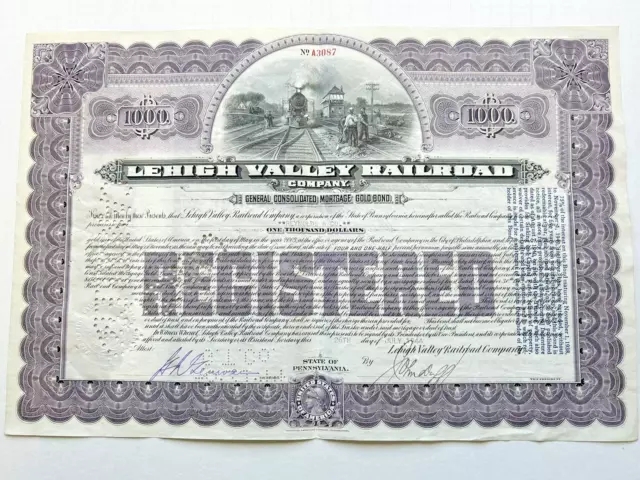 Lehigh Valley Railroad Company Bond/ Stock Certificate- $1000.00- 1944