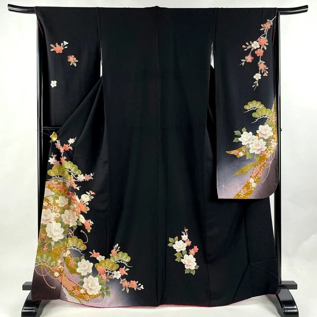 Japanese kimono SILK"FURISODE" long sleeves,Gld leaf,Foil, Plants ,L5'4"..3573