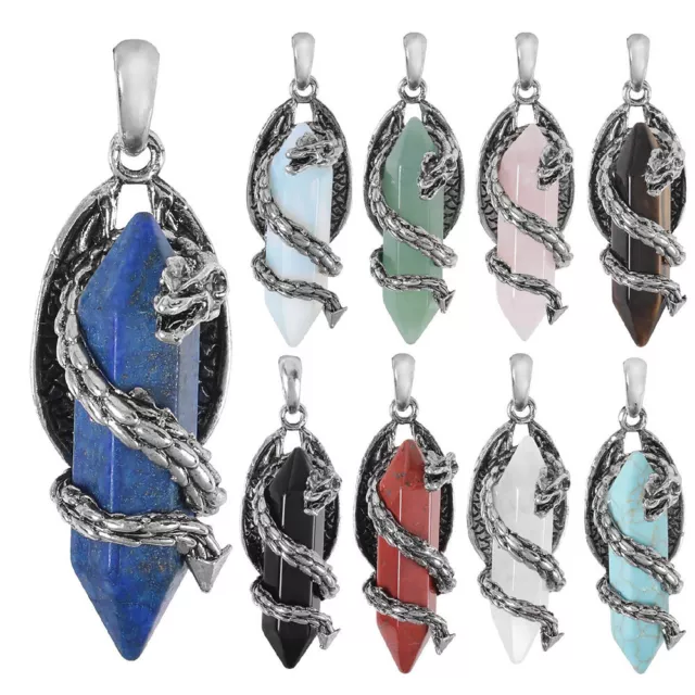Natural Chakra Crystal Quartz Dragon Pendant Double Pointed Hexagon Column Stone