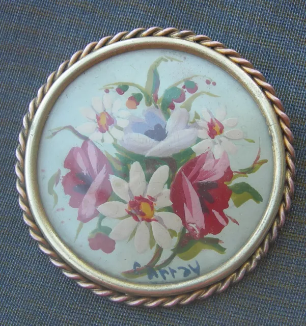 ancienne broche fbouquet peint main sous verre signé Carray HAND PAINTED BROOCH