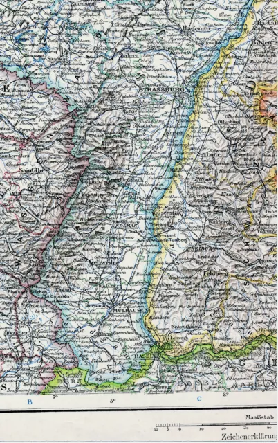 Reichsland Elsass-Lothringen Schwarzwald 1900 orig. Teil-Atlaskarte Colmar Thann