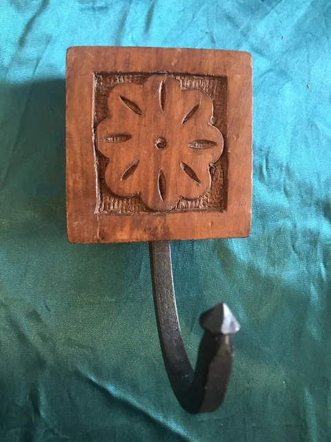 Carved Wood and Iron Coat/Robe Hook - Made in India