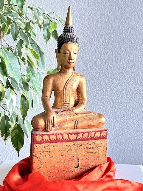 Buddha Wood Antique large Figure Statue Thai Lao Lanna gold gilt inscription 16“