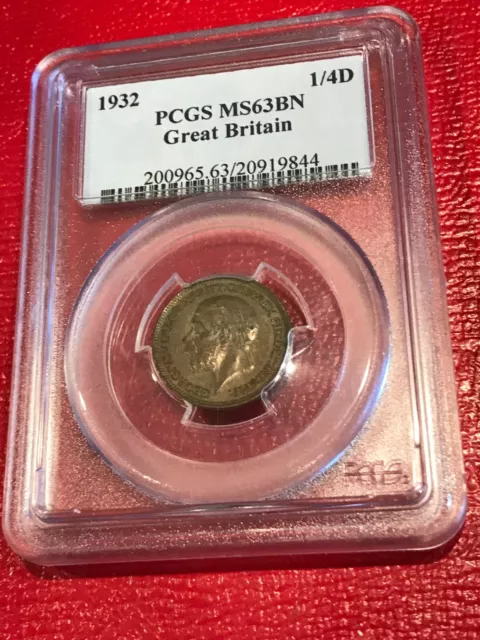Pcgs Ms63 Bn 1932 Great Britain British 1/4 D Farthing Coin-Mar222