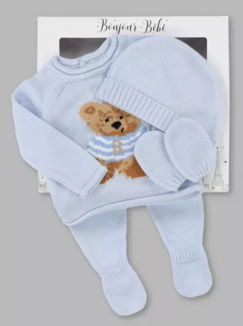 Baby Boys Knitted Outfit Blue Teddy Fancy Knit Pram Gift Boxed Set Newborn - 6M