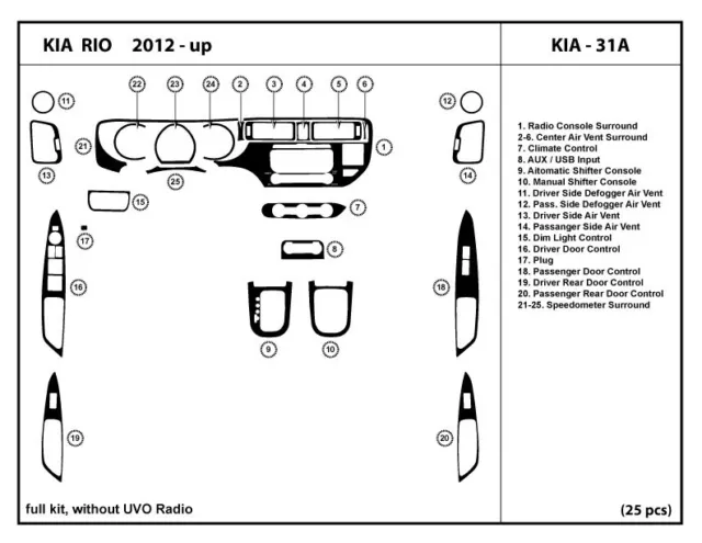 Dash Trim Kit for Kia Rio 2012-2016 without UVO radio Interior Dashboard