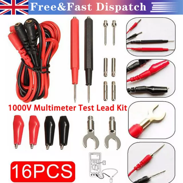 16pcs Cable Alligator Clip Needle Tip Digital Multimeter Probe Test Lead Sets ..