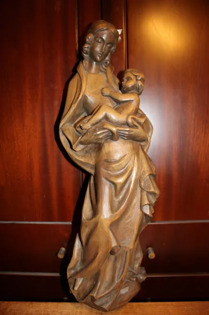 Antique 22" Wood Hand Carved Our Lady Mary Madonna Jesus Wall Relief Statue Gift