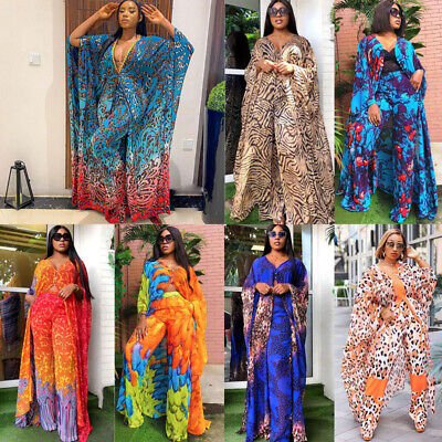 African Women Loose Wide Leg Pants Long Tops Set Abaya Dress Dashiki Suit Kaftan