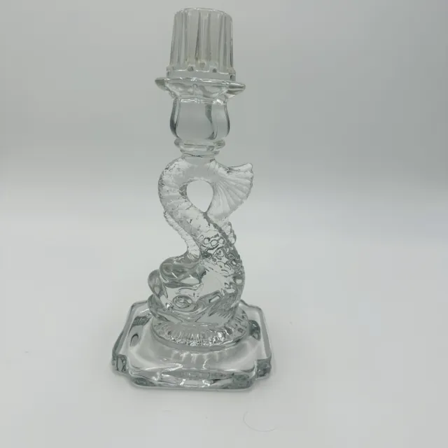 Cambridge Koi Fish Candlesticks Candle Holder 9.5" Vintage Clear Glass Dolphin