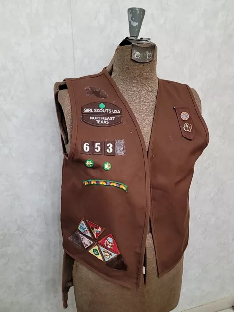 Two Girl Scouts USA Vests with pins and patches Brown Vest & Green Vest