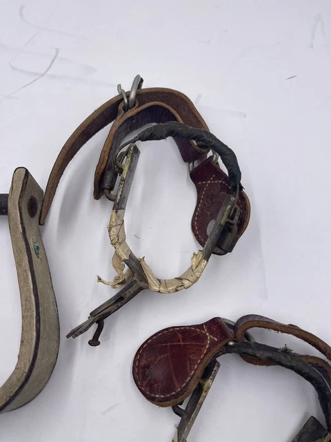 Vintage PAIR WESTERN SPURS HAND FORGED IRON TOOLED LEATHER STRAPS 4