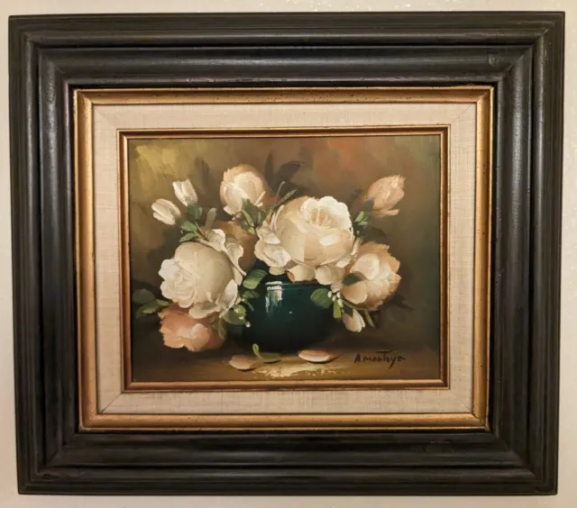A. Montoya Still Life Vintage Oil Painting On Canvas & Frame Flowers in a vase