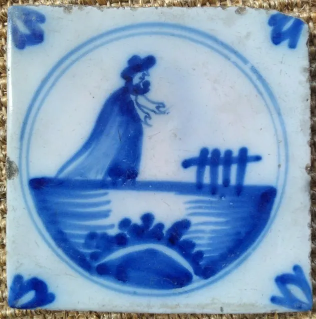 Antique 18C Chinoiserie Dutch Delft Tile Blue And White Featuring A Gentlewoman