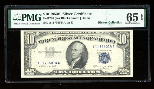 DBR 1953-B $10 Silver Fr. 1708 Gem PMG 65 EPQ Serial A11736014A