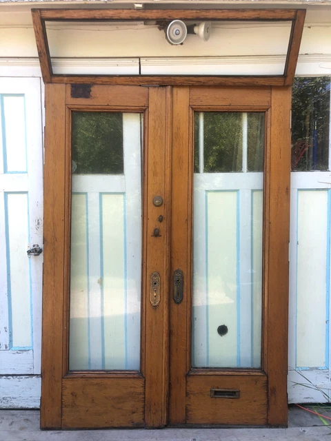 Pair 30x84” Victorian Tiger Oak Beveled Glass Entry Doors / Transom / brass