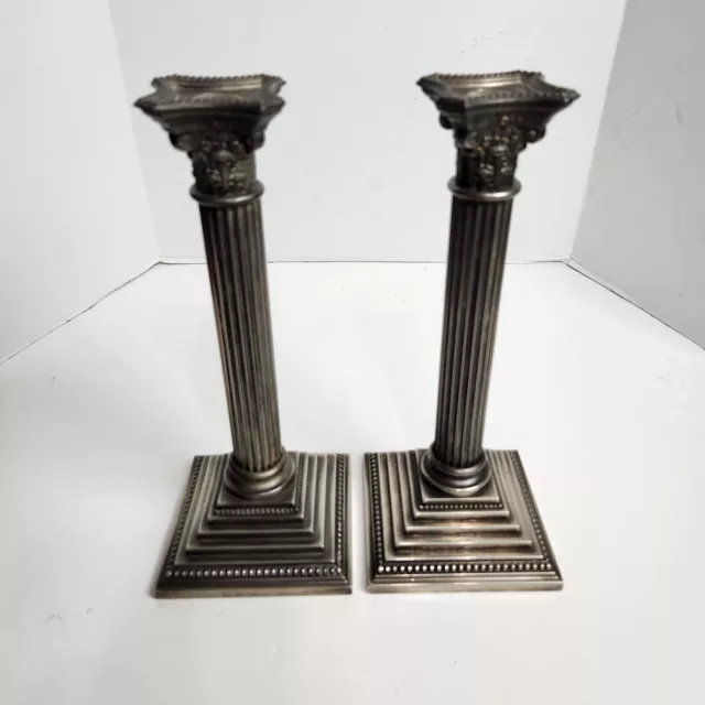 VTG 1992 Godinger 11.5 in Corinthian Silver Candlestick Pair Edwardian Pillar