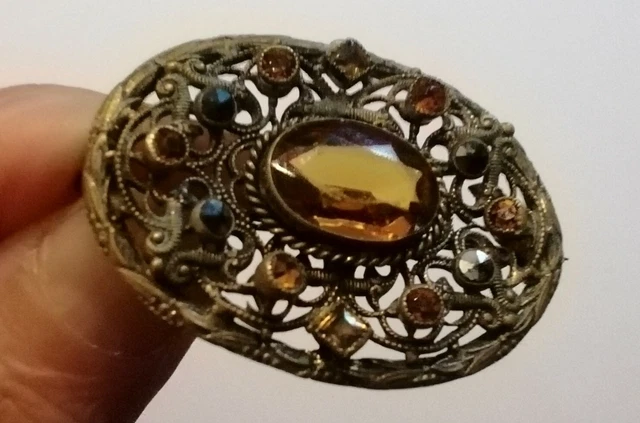 Broche Ancienne Peinture Sous Verre – Alliage Doré, Motif Vintage, Jolie Décoration